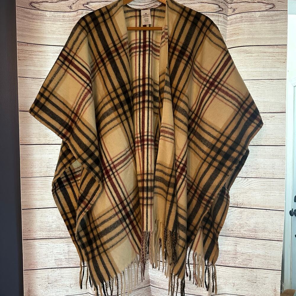Woolrich Plaid Poncho Blanket‎ Shawl open front striped fringe trim one size